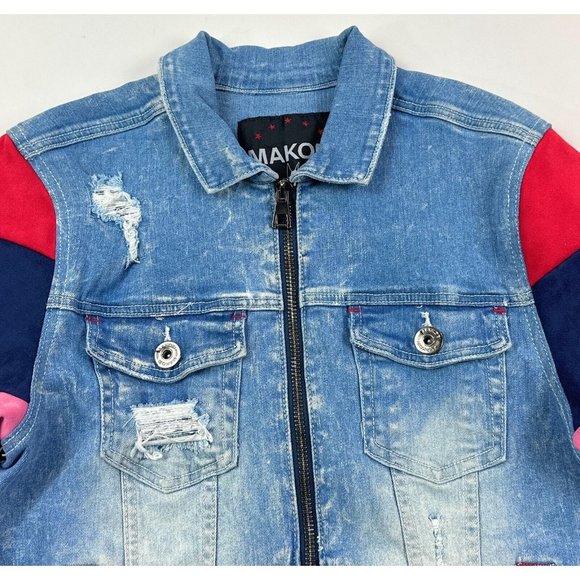 Makobi Mens Small Full Zip Denim Jean Jacket Blue Pink White Distressed M1010 - Picture 3 of 11